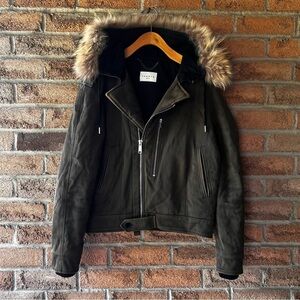 SANDRO PARIS | Army Green Bomber Jacket with Fur-Trimmed Hood Designer Coat